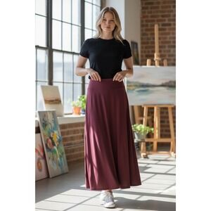 OGL Womens Burgundy Midi Skirt Size Med Elastic Waist A-Line Comfortable Pockets